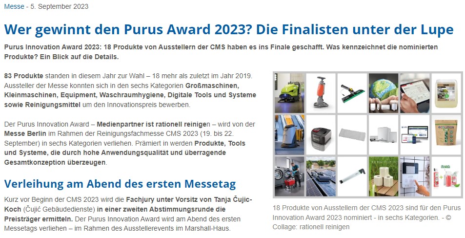 Online-Artikel über die Finalisten des Purus Awards 2023, der im Rahmen der Messe CMS verliehen wird
