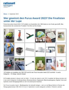 Online Artikel des Fachmagazins rationell reinigen über die Finalisten des Purus Award 2023 in Rahmen der CMS in Berlin