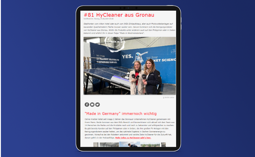 Artikel iPad Mockup Innovation im Roboter Maschinenbau –hyCLEANER aus Gronau