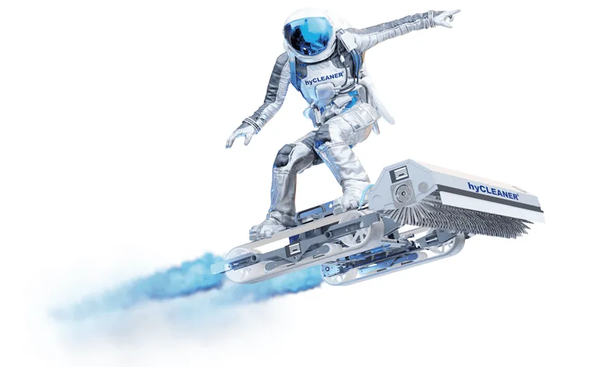 Illustration of an astronaut surfing on a cleaning robot